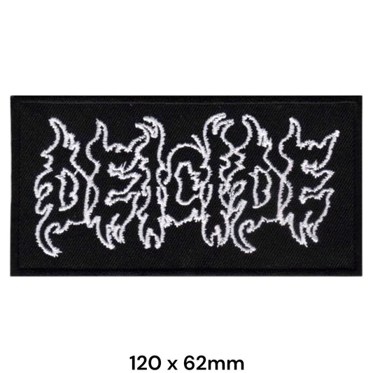 Deicide Band Name Logo Extreme Death Metal Outline Font Rectangle Embroidered Patch 120x62mm – White & Black