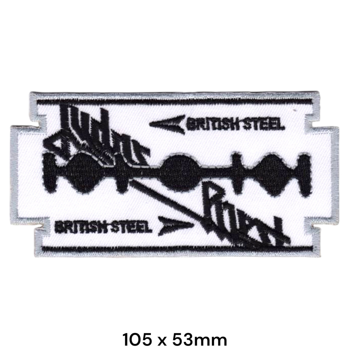 Judas Priest British Steel Razor Blade Shape Die-Cut White Black Silver Embroidered Patch 105x53mm