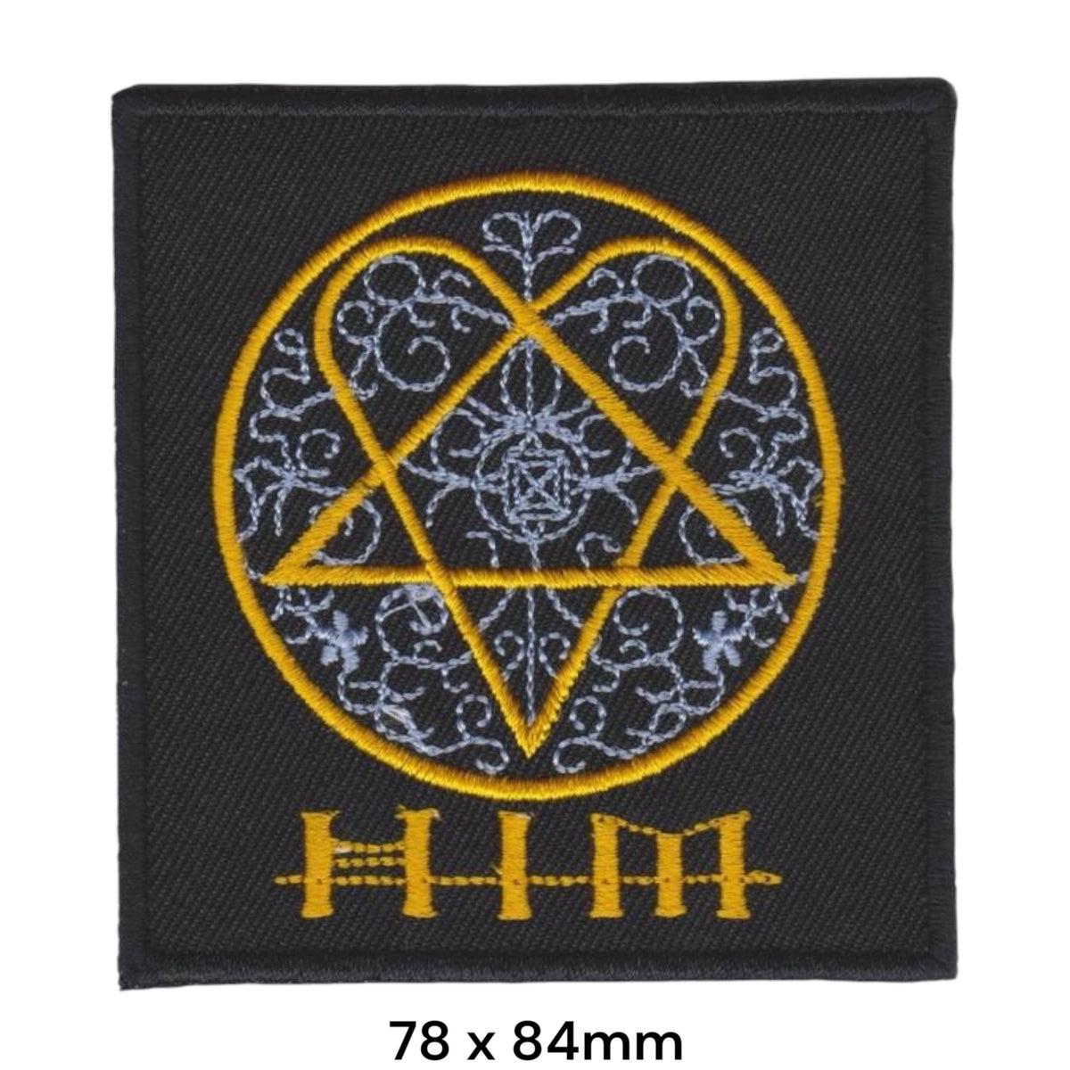 HIM Heartagram Filigree Ornament Circle Square Black Yellow Gold Silver Embroidered Patch 78x84mm – Black, Yellow/Gold & Silver