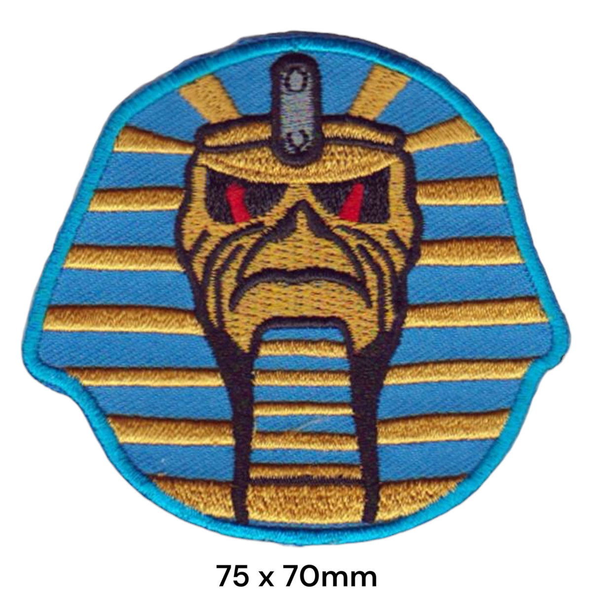 Iron Maiden Eddie Pharaoh Face Close-Up Circle Die-Cut Blue Gold Red Embroidered Patch 75x70mm – Powerslave