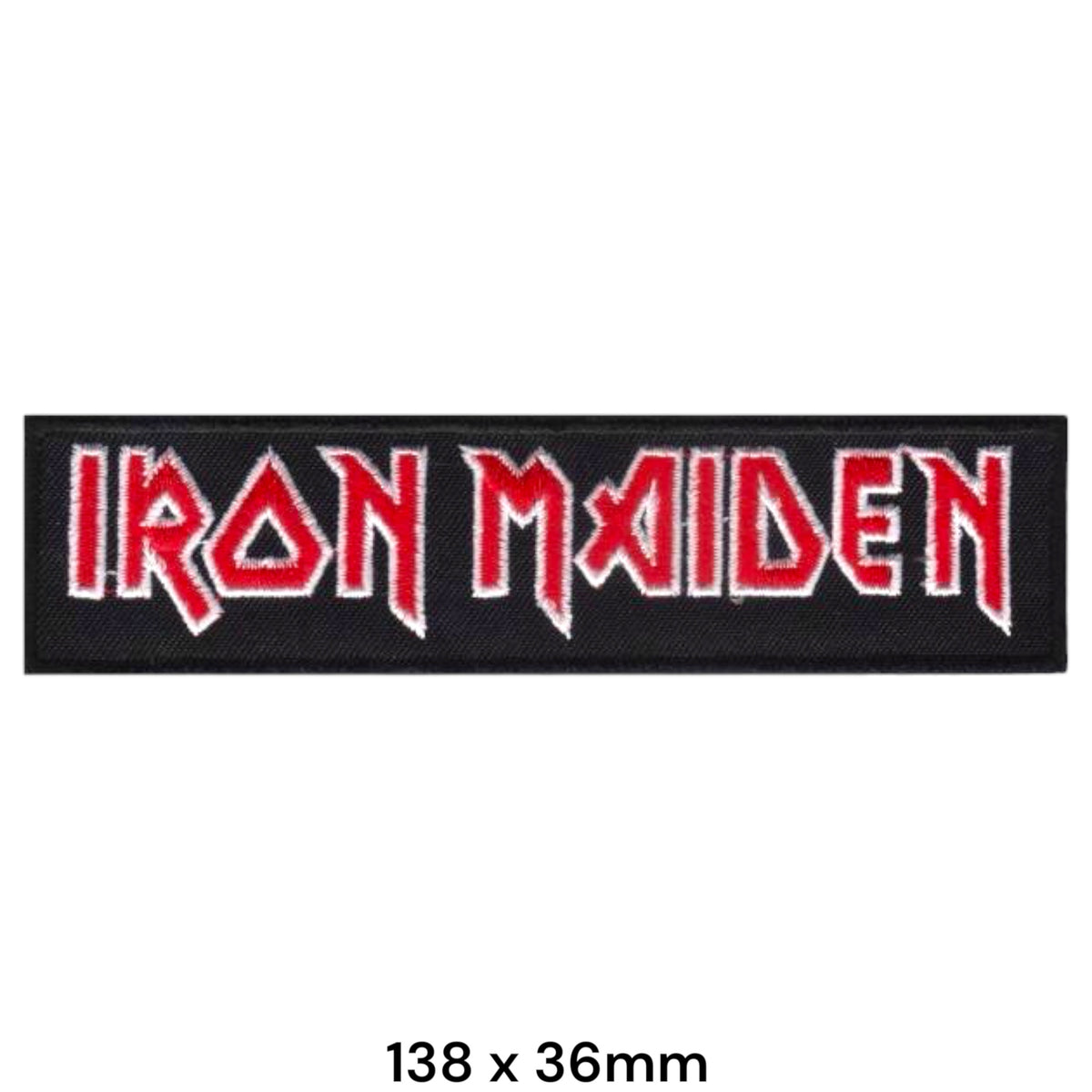 Iron Maiden Logo Text One-Line Rectangle Black Red White Embroidered Patch 138x36mm – Black, Red & White/Silver