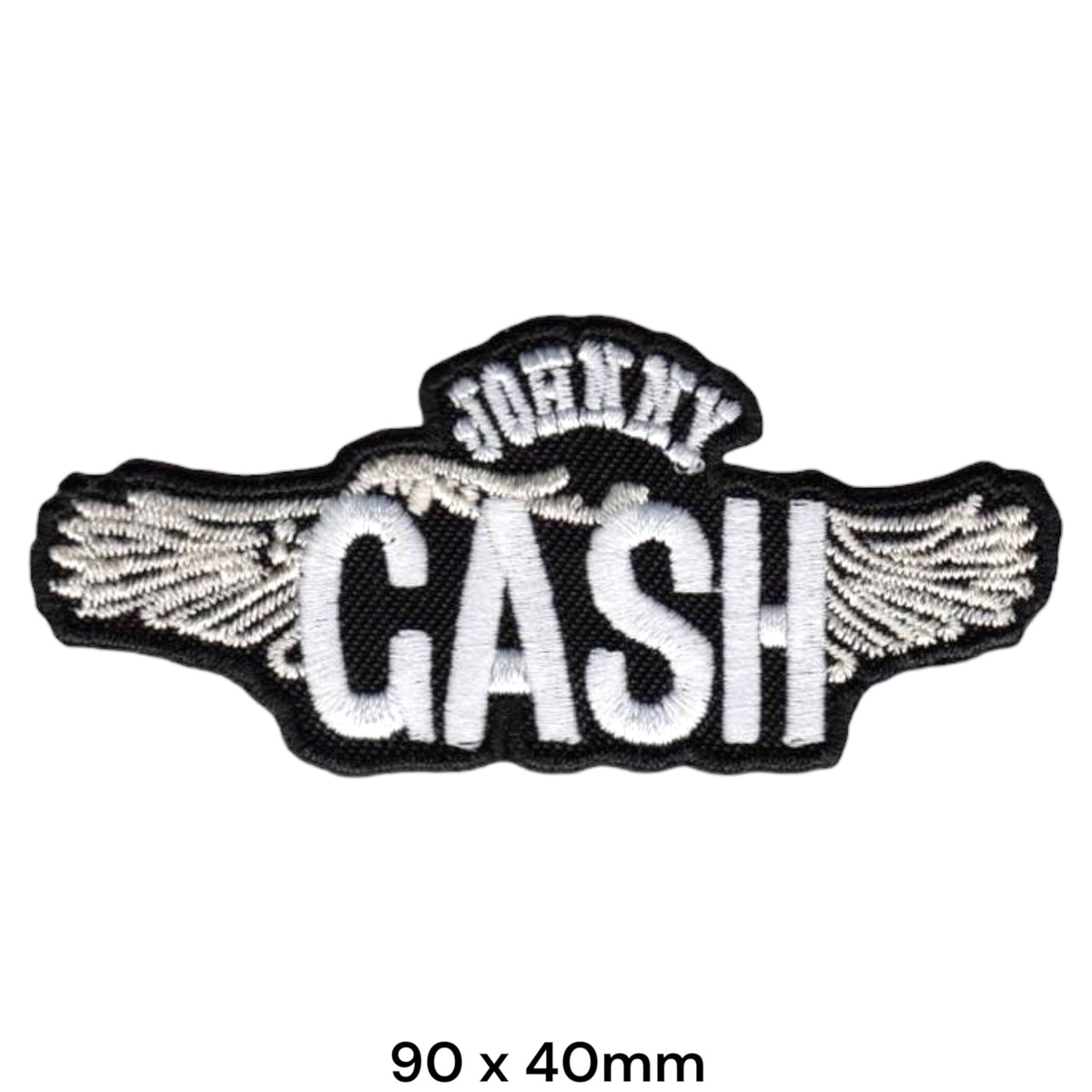 Johnny Cash Wings Logo Die-Cut Black White Silver Embroidered Patch 90x40mm – Black, White & Silver