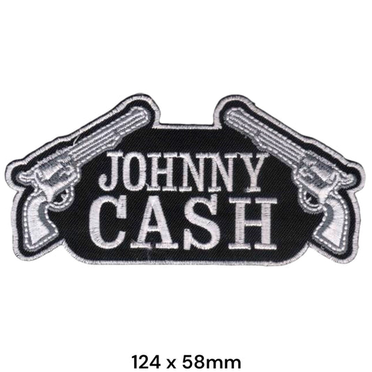 Johnny Cash Crossed Guns Logo Die-Cut Black White Silver Embroidered Patch 124x58mm – Black, White & Silver