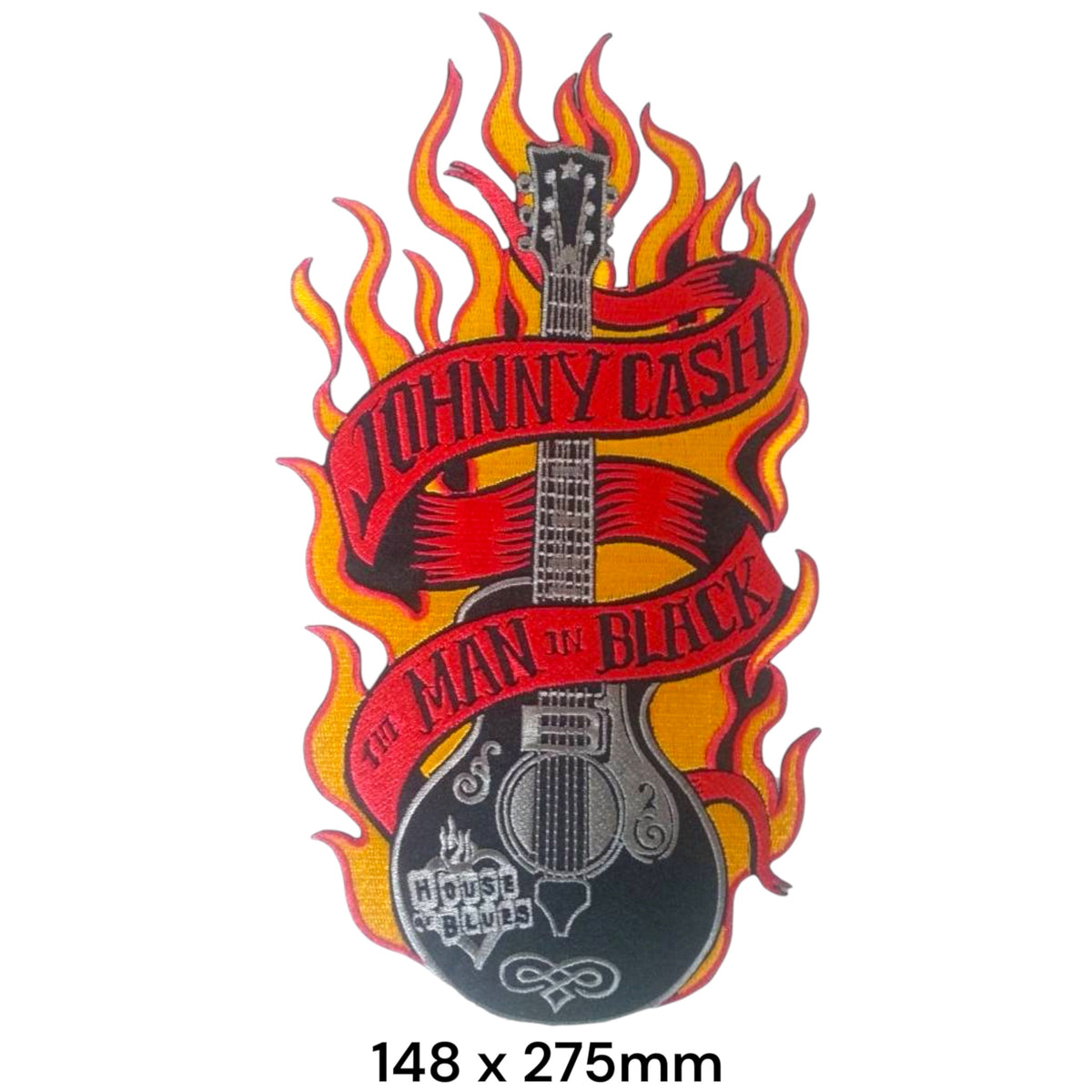 Johnny Cash Man in Black Flaming Guitar Large Back Patch 148x275mm – Black, Red, Yellow/Orange & Silver