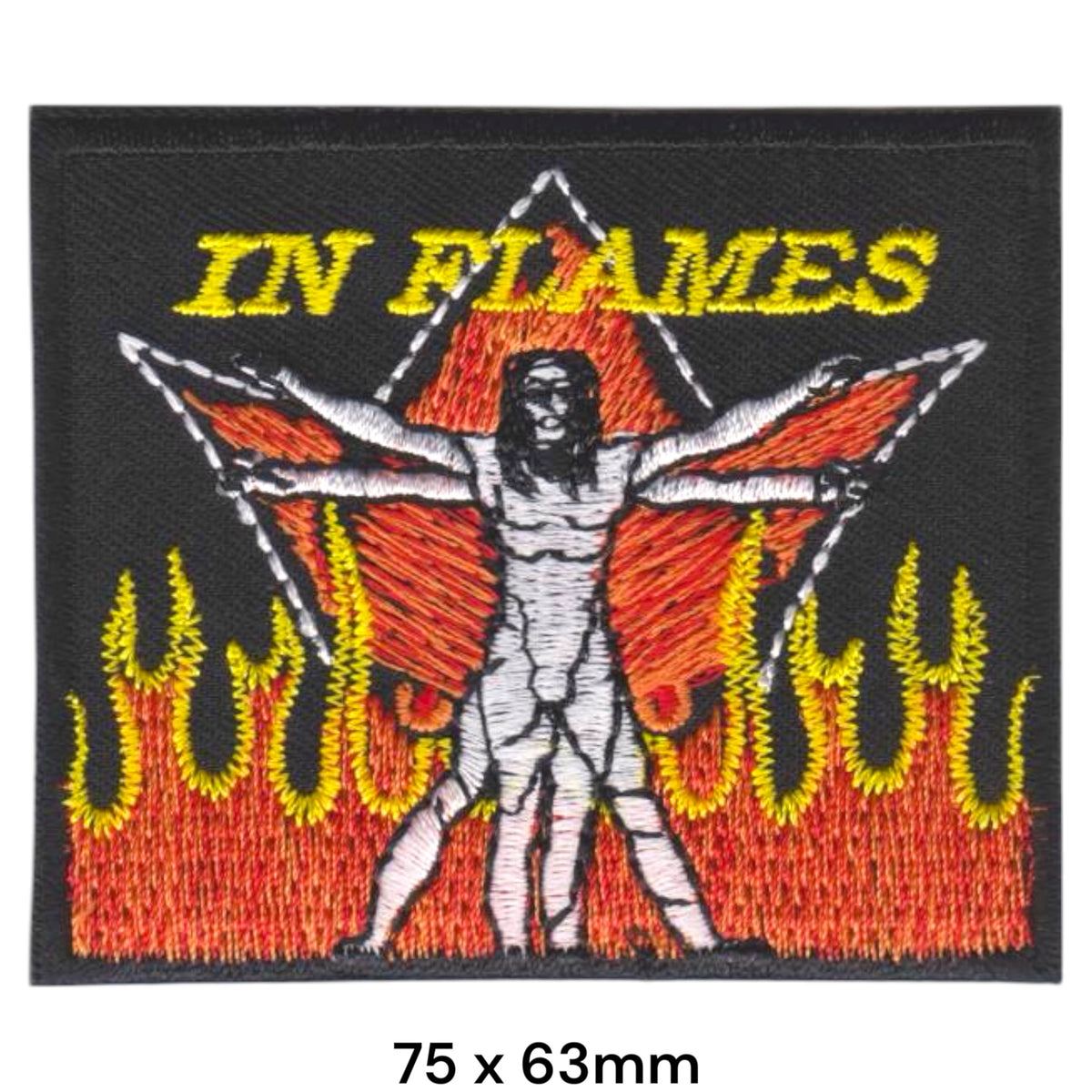 In Flames Clayman Vitruvian Man Flames Rectangle Black White Red Yellow Embroidered Patch 75x63mm