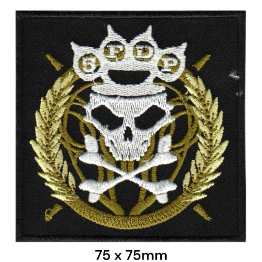 Five Finger Death Punch Skull Crossbones Laurel Wreath Square Black White Gold Embroidered Patch 75x75mm