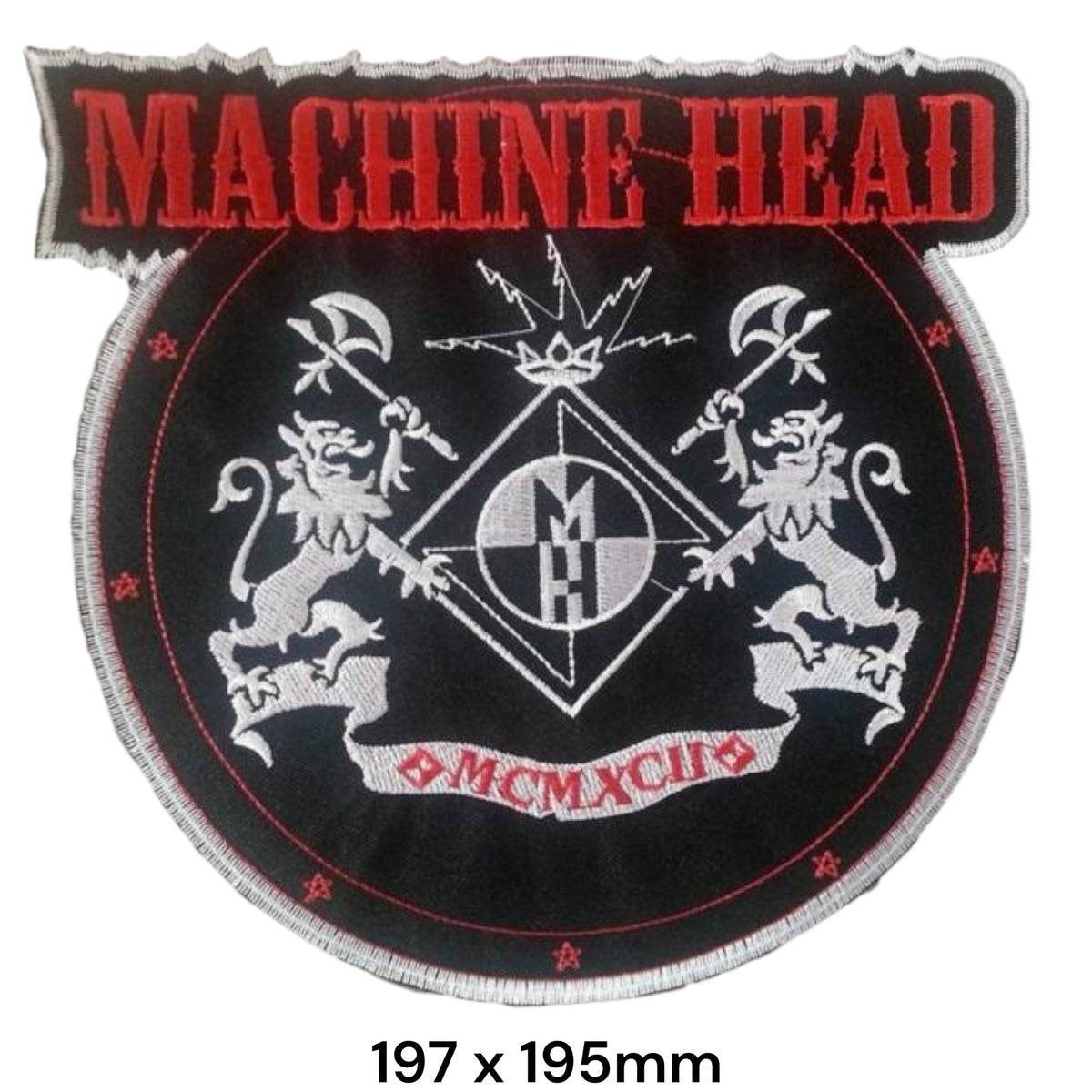 Machine Head Crest Circle Back Patch Black Silver Red MCMXCII Embroidered 197x195mm
