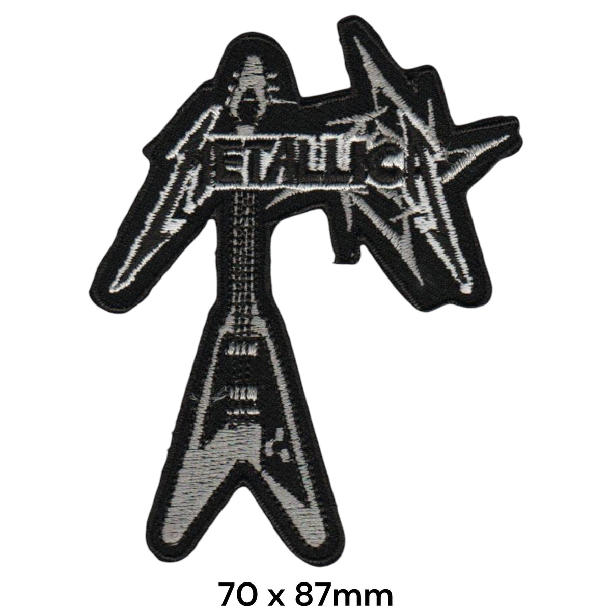 Metallica Flying V Guitar Die-Cut Silver White Black Embroidered Patch 70x87mm
