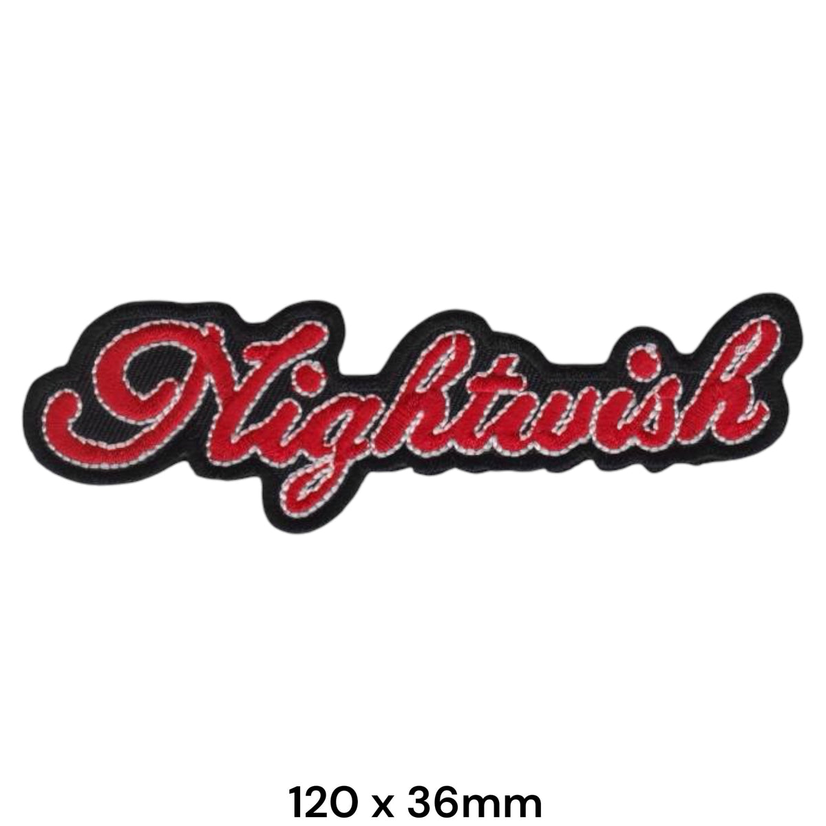 Nightwish Script Logo Die-Cut Patch Black Red Silver Border Embroidered 120x36mm