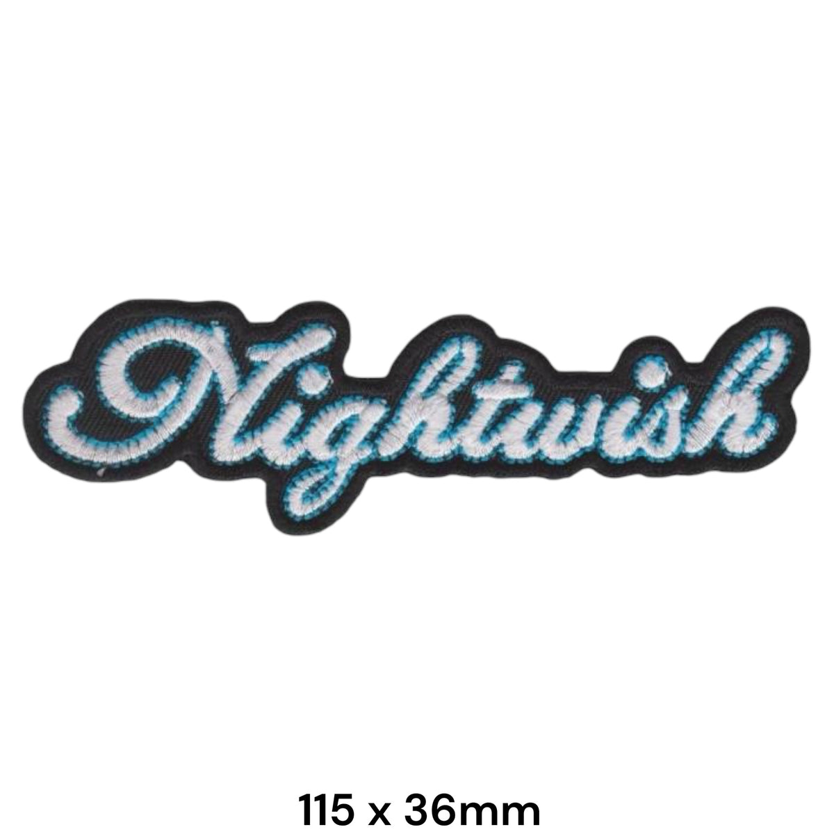Nightwish Script Logo Die-Cut Patch Black White Teal Border Embroidered 115x36mm