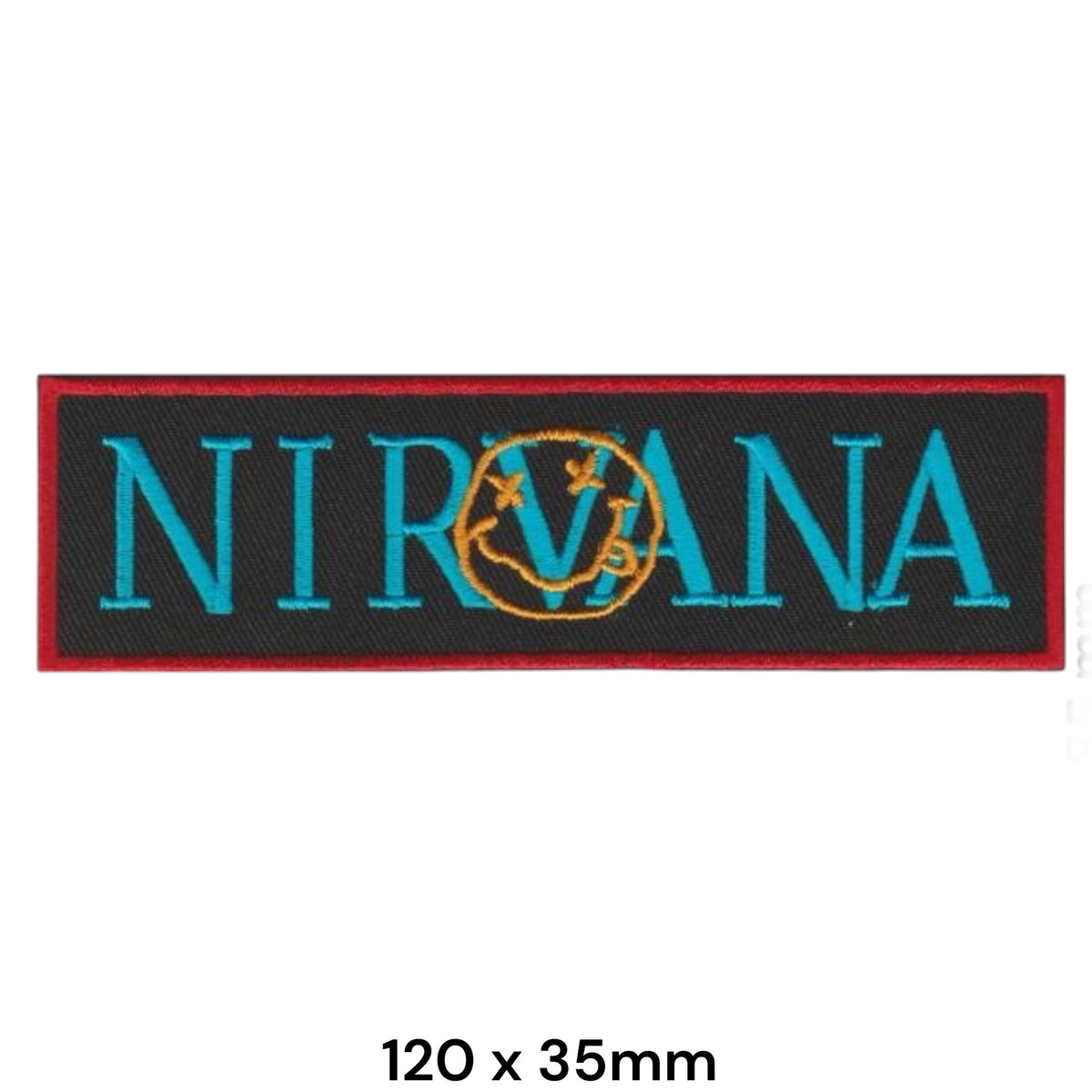 Nirvana Smiley Face Rectangle Patch Teal Yellow Red Black Embroidered 120x35mm