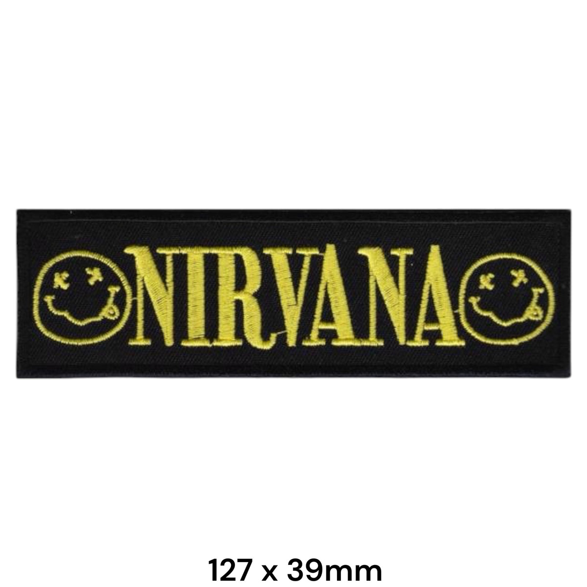 Nirvana Dual Smiley Face Rectangle Patch Gold Yellow Black Embroidered 127x39mm