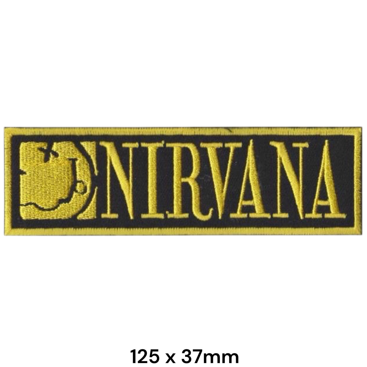 Nirvana Smiley Face Box Logo Rectangle Patch Gold Yellow Black Embroidered 125x37mm