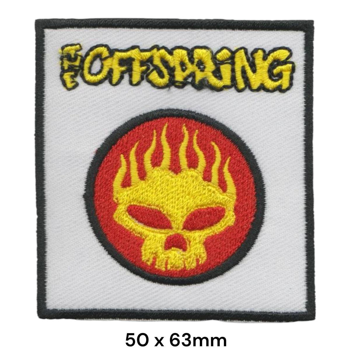 The Offspring Text Skull Portrait Rectangle Patch Yellow Red Black White Embroidered 50x63mm