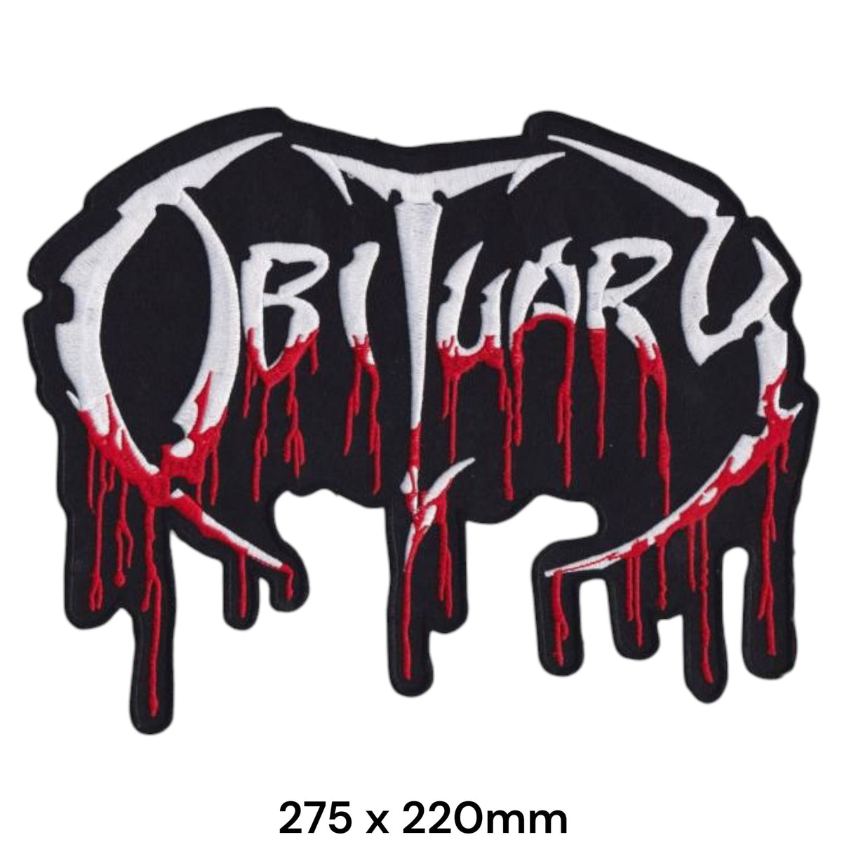 Obituary Dripping Blood Logo Die-Cut Large Back Patch White Red Black Embroidered 275x220mm