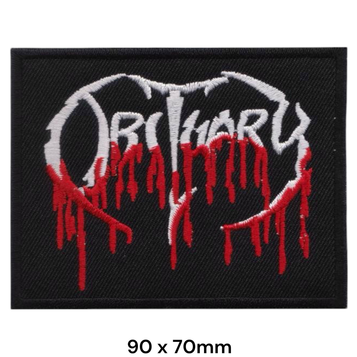 Obituary Dripping Blood Logo Rectangle Patch White Red Black Embroidered 90x70mm