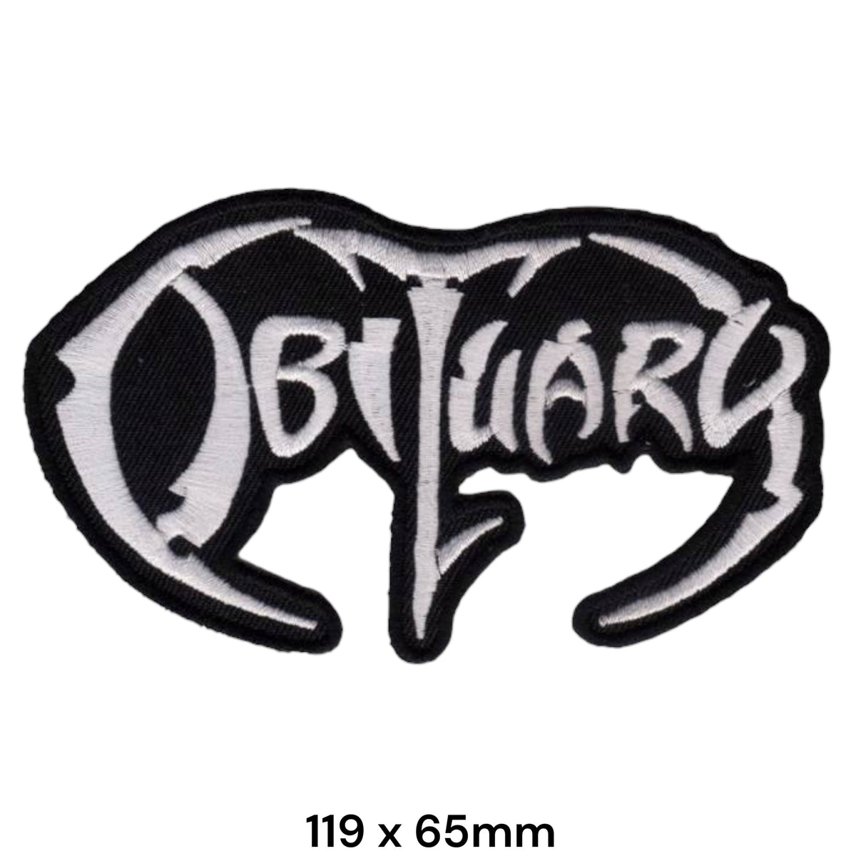 Obituary Logo Die-Cut Patch White Black Embroidered 119x65mm