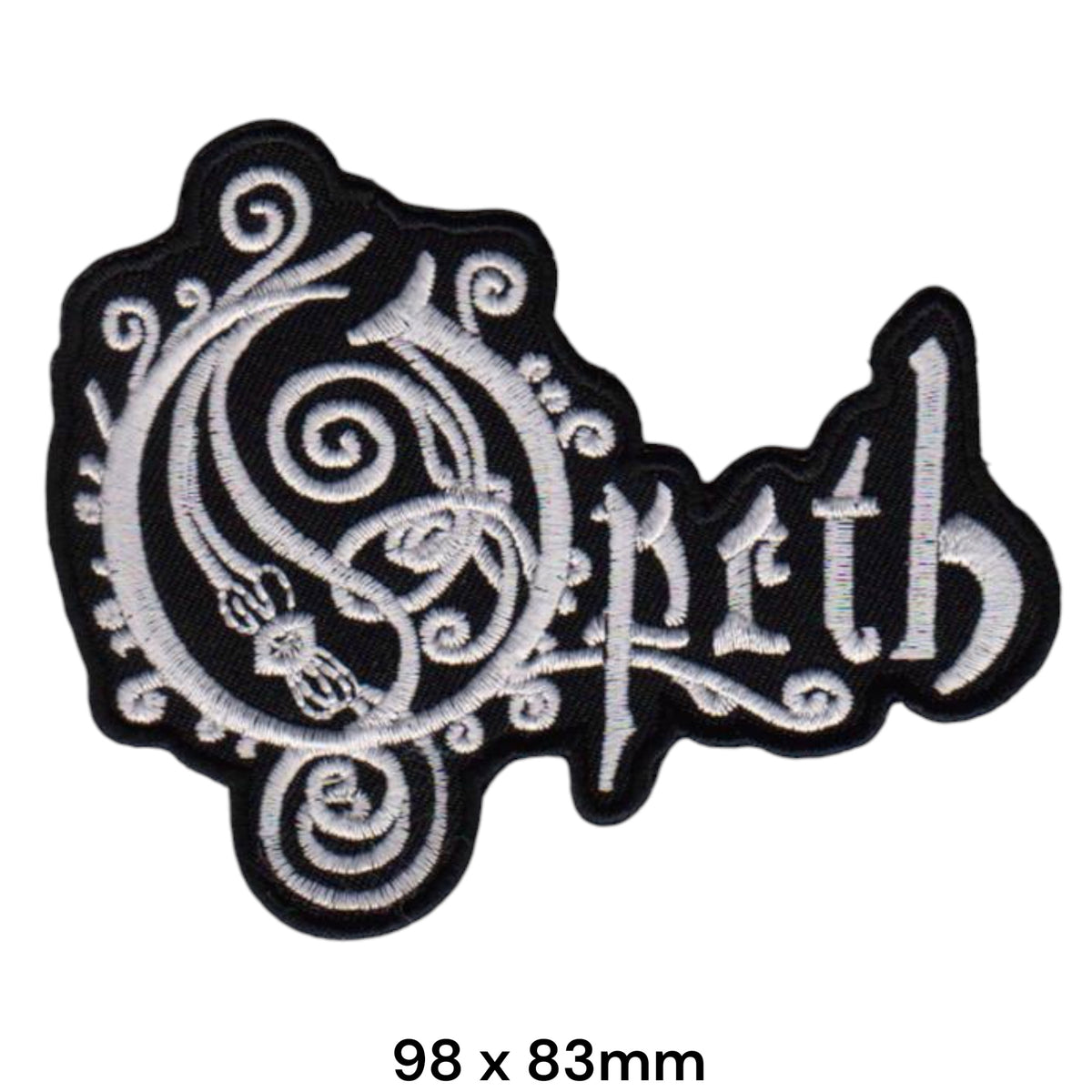 Opeth Ornate Logo Die-Cut Patch White Silver Black Embroidered 98x83mm
