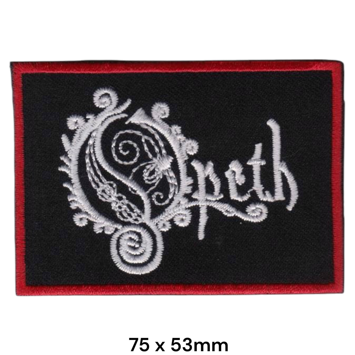 Opeth Ornate Logo Rectangle Patch White Red Black Embroidered 75x53mm