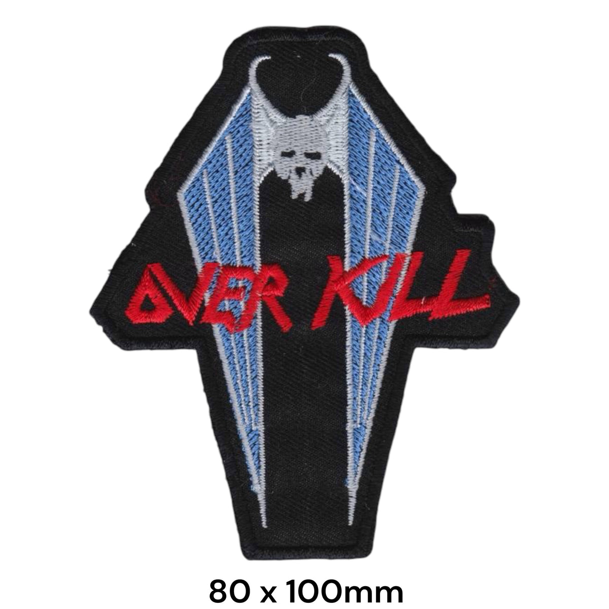 Overkill Coffin Bat Skull Die-Cut Patch Blue White Red Black Embroidered 80x100mm
