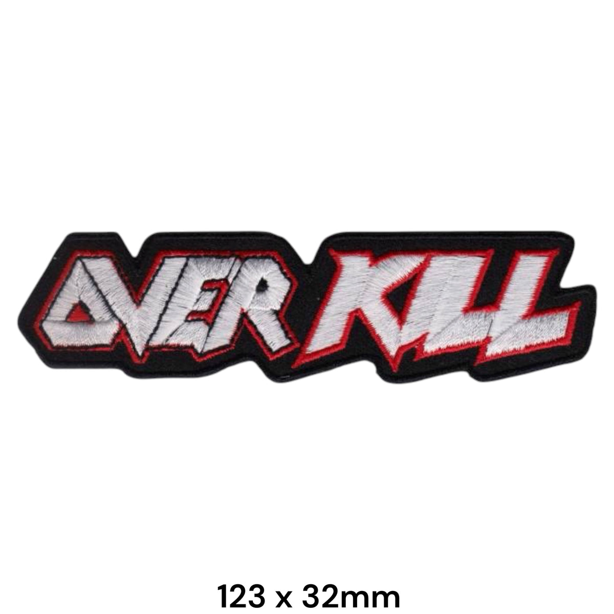 Overkill Logo Name Die-Cut Patch White Red Black Embroidered 123x32mm