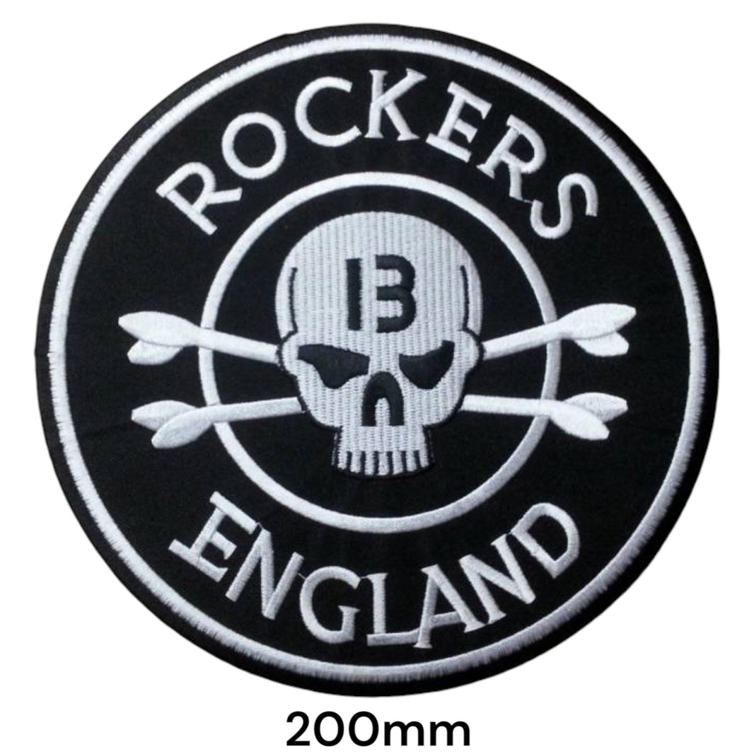 Rockers England Back Patch 13 Skull Crossbones Round Black White ...